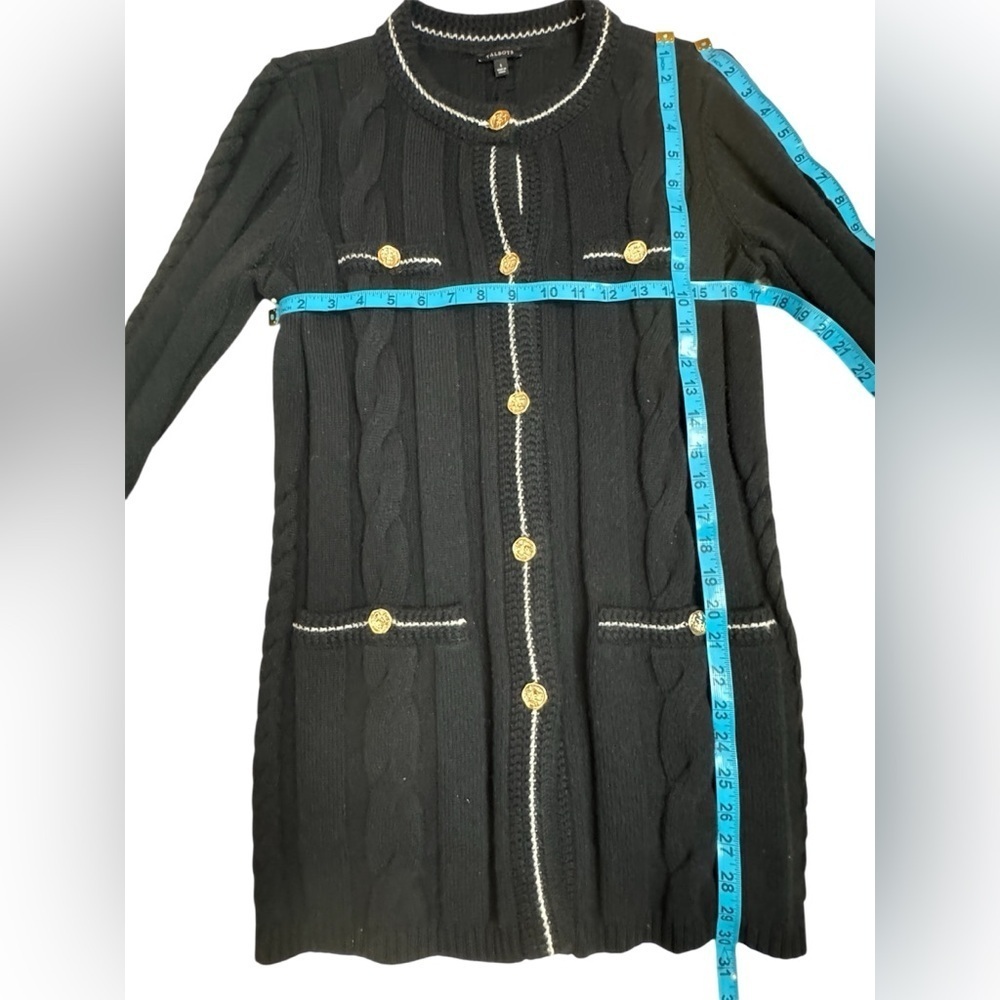 TALBOTS Cotton Blend Preppy Chunky Black Cable Knit Cardigan Gold Buttons SZ S. - Picture 11 of 12